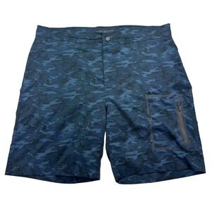 Mack Weldon Board Shorts Mens 35/36 Blue Camo Zip Pocket Drawstring Swim Trunks